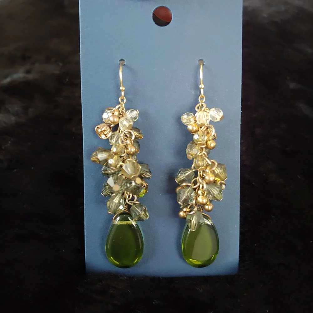 Vintage Cluster Earrings, Green/Shades Of Green, Clear Beads